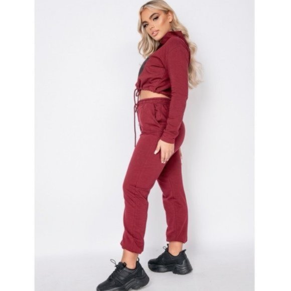 Burgundy Love Print Long Sleeve Hooded Crop Top and Joggers Pants Two Piece Set - Picture 9 of 13